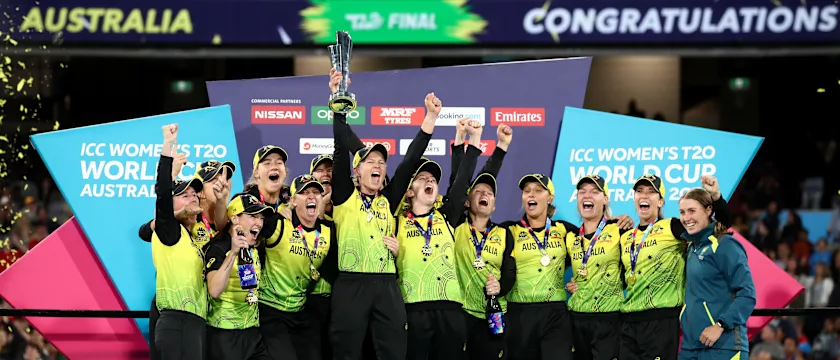 Meg Lanning of Australia holds aloft the championship trophy and celebrates with team mates after winning the ICC Women's T20 Cricket World Cup Final match between India and Australia at the Melbourne Cricket Ground on March 08, 2020.