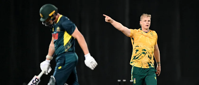 Corbin Bosch sends off Ben Dwarshuis during the second T20I