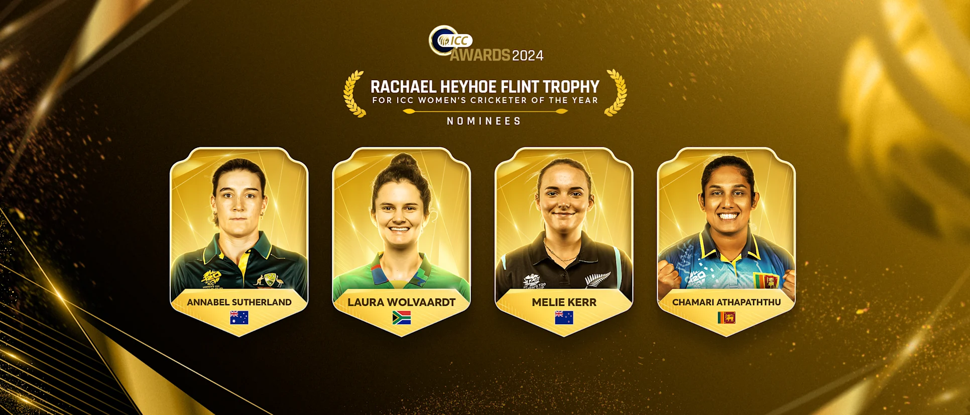 Logo of ICC Awards 2024 - Rachael Heyhoe Flint Trophy - Nominees 21x9