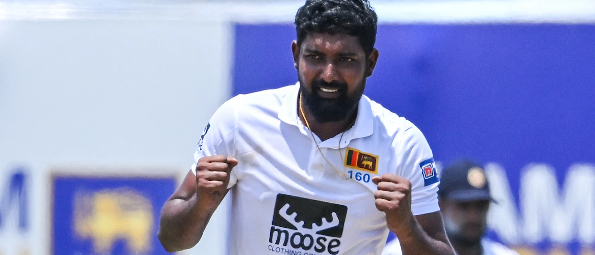 Logo of Sri Lanka Prabath Jayasuriya celebrates after taking the wicket of Ireland Harry Tector  during the first day of the second and final cricket Test match between Sri Lanka and Ireland 1920x1080