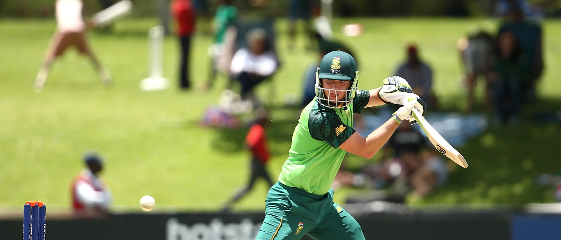 Logo of Luke Beaufort of South Africa bats during the ICC U19 Cricket World Cup Group D match between South Africa and UAE at Mangaung Oval on January 25, 2020 in Bloemfontein, South Africa.