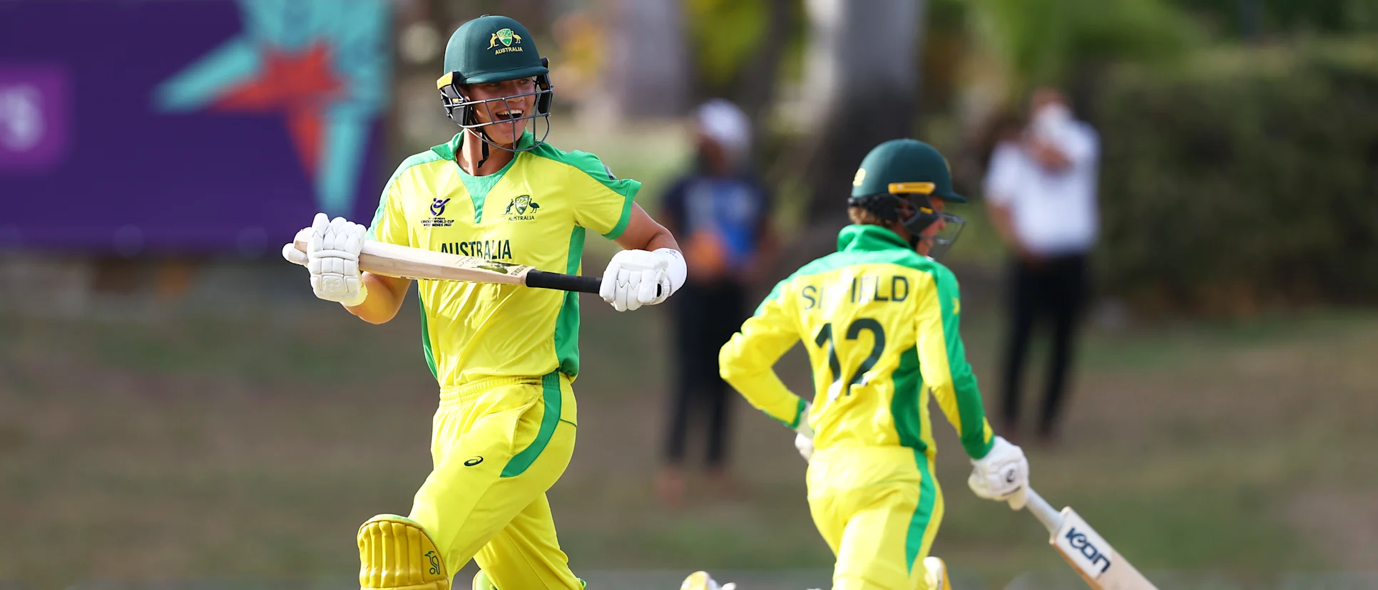 Josh Garner of Australia celebrates following the ICC U19 Men's Cricket World Cup 3rd/4th Playoff match between Afghanistan and Australia at Coolidge Cricket Ground on February 04, 2022 in Antigua, Antigua and Barbuda.