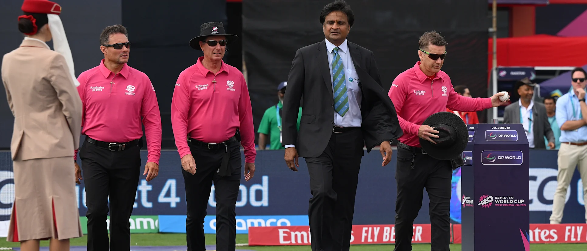 Logo of The umpires walk out ahead of the ICC Men´s T20 Cricket World Cup West Indies & USA 2024 match between Pakistan and Ireland at on June 16, 2024 in Lauderhill, Florida. 