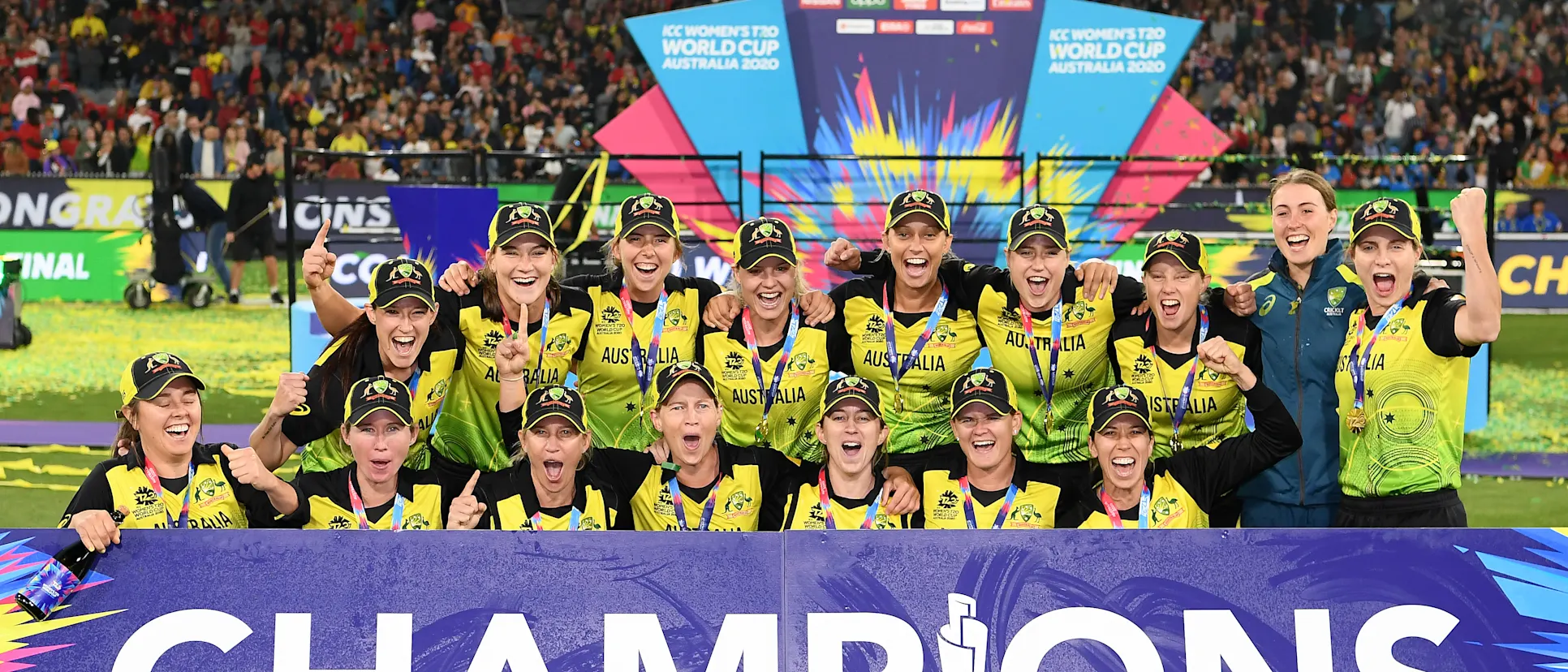 Logo of Australia celebrate after winning the ICC Women's T20 Cricket World Cup Final match between India and Australia at the Melbourne Cricket Ground on March 08, 2020 in Melbourne, Australia.