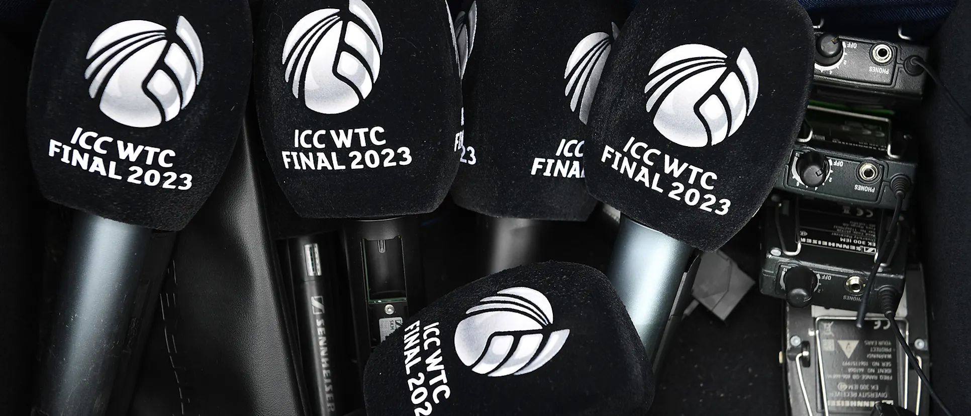 Logo of Branded microphones in a bag pictured during an Australia training session prior to the ICC World Test Championship Final 2023