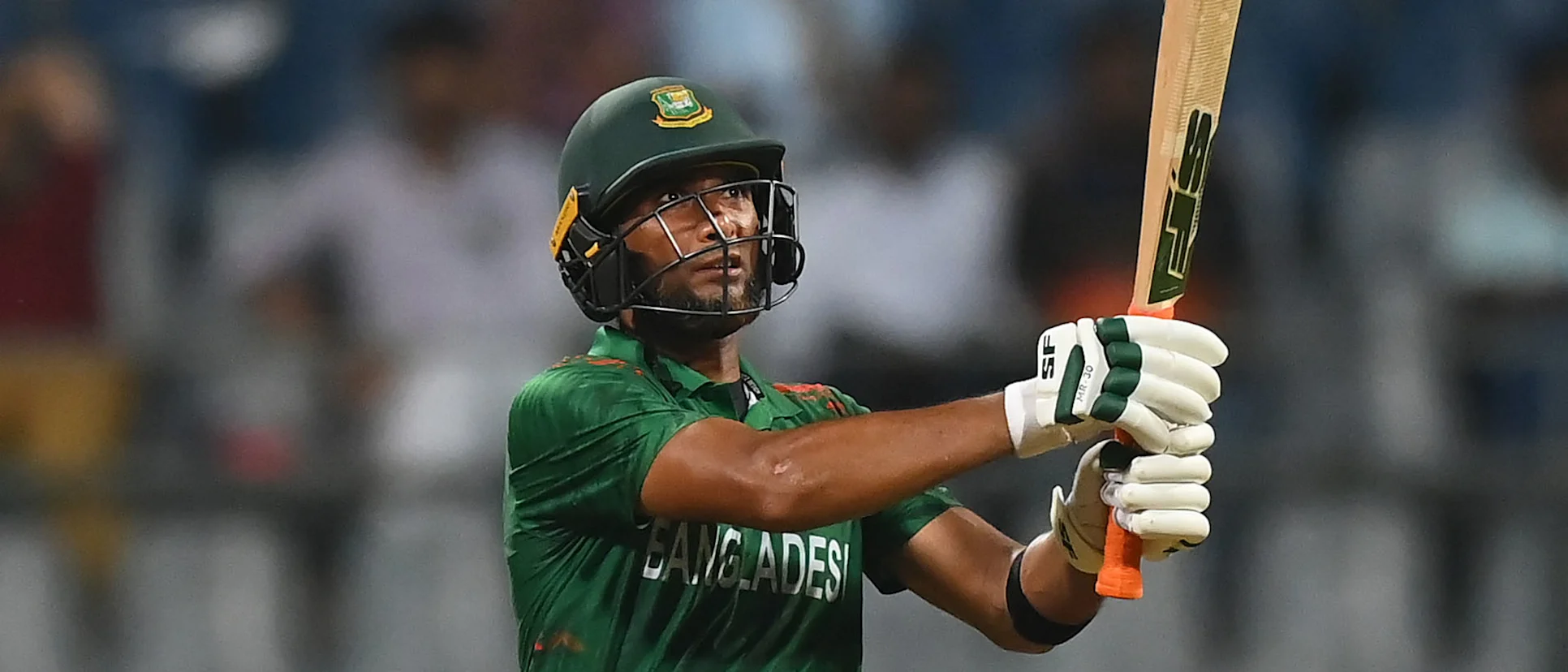 Logo of Mahmudullah of Bangladesh plays a shot during the ICC Men's Cricket World Cup India 2023 between South Africa and Bangladesh