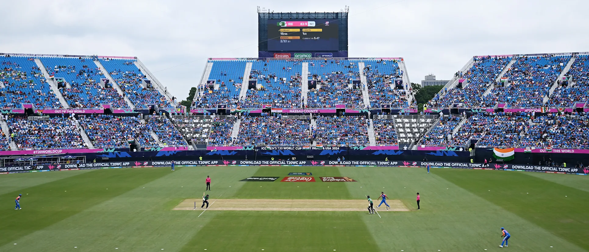 General view of play during the ICC Men's T20 Cricket World Cup West Indies & USA 2024 match between India and Ireland at Nassau County International Cricket Stadium on June 05, 2024 in New York, New York.