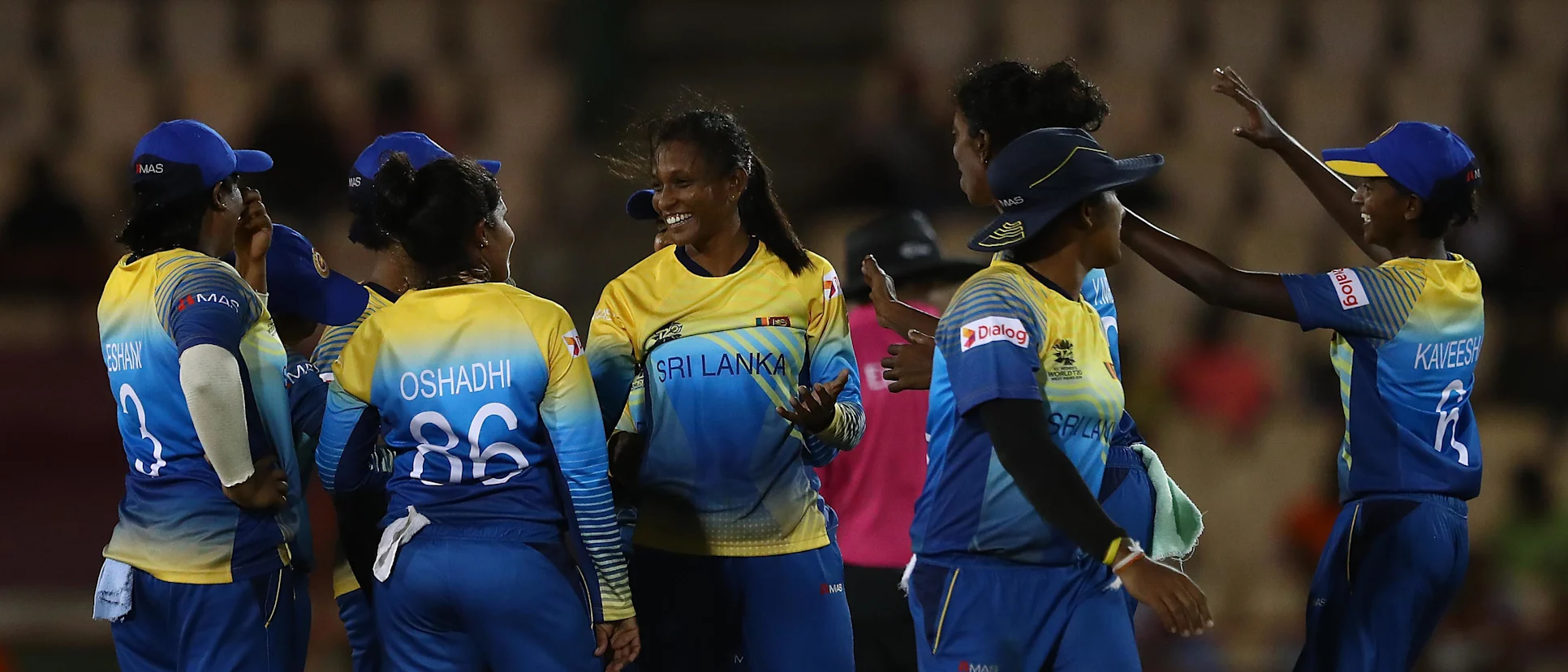 Logo of Inoshi Priyadharshani of Sri Lanka celebrates bowling Shamima Sultana of Bangladesh during the ICC Women's World T20 2018 match between Sri Lanka and Bangladesh at Darren Sammy Cricket Ground on November 14, 2018 in Gros Islet, Saint Lucia.