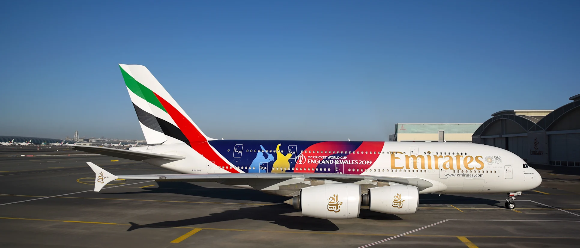 ICC Men’s Cricket World Cup 2019 decal on the Emirates A380
