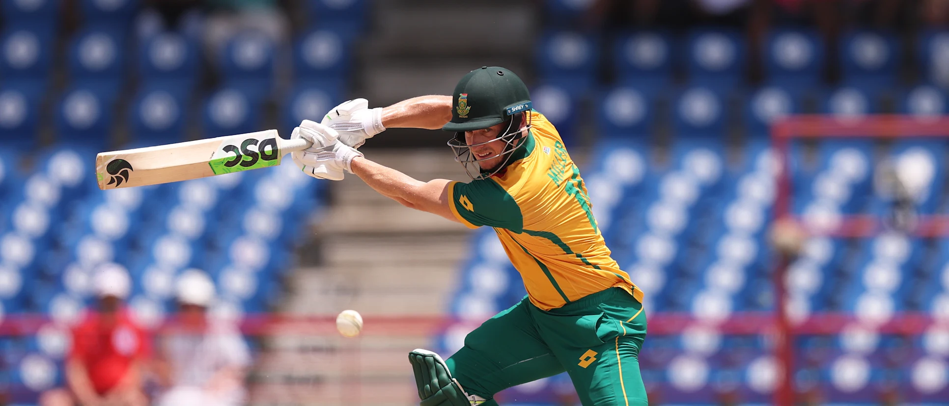 Logo of David Miller of South Africa plays a shot during the ICC Men's T20 Cricket World Cup West Indies & USA 2024 Super Eight match between England and South Africa at Daren Sammy National Cricket Stadium on June 21, 2024 in Gros Islet, Saint Lucia.