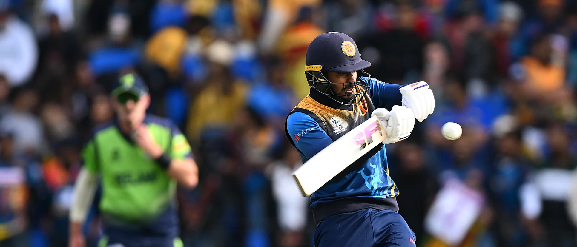 Logo of Dhananjaya de Silva of Sri Lanka bats during the ICC Men's T20 World Cup match between Sri Lanka and Ireland 1920x1080