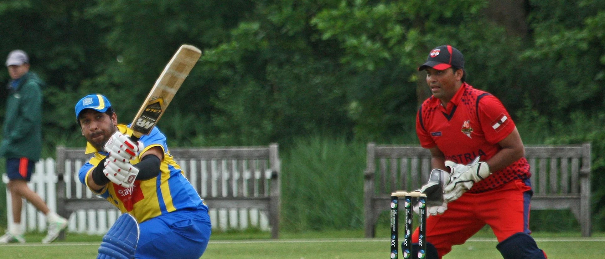 Logo of Usman Arif pulls for a boundary for Sweden during their match v Austria
