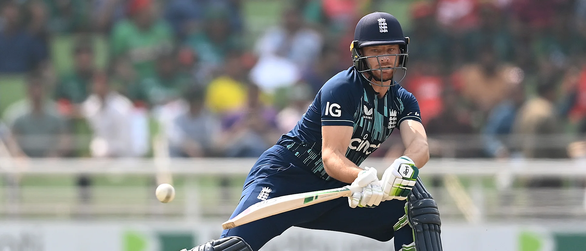 Logo of Jos Buttler of England bats during the 2nd One Day International match between Bangladesh and England at Sher-e-Bangla National Cricket Stadium on March 03, 2023 in Mirpur, Bangladesh.