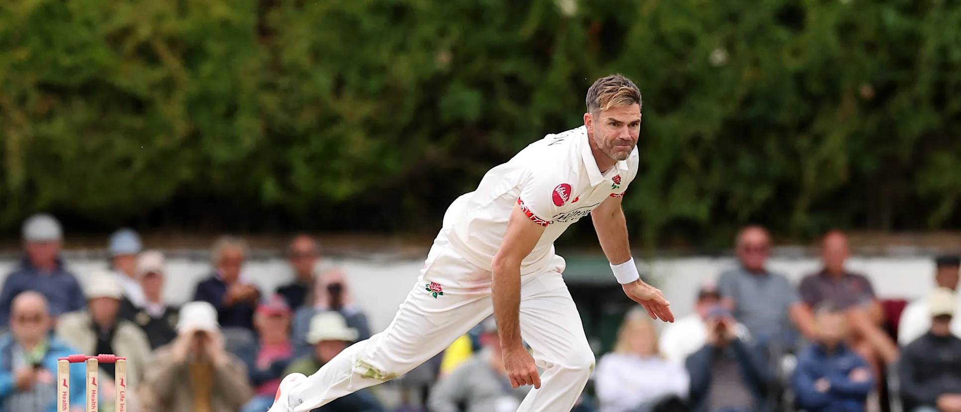 Logo of James Anderson in action for Lancashire in the County Championship ahead of his final Test