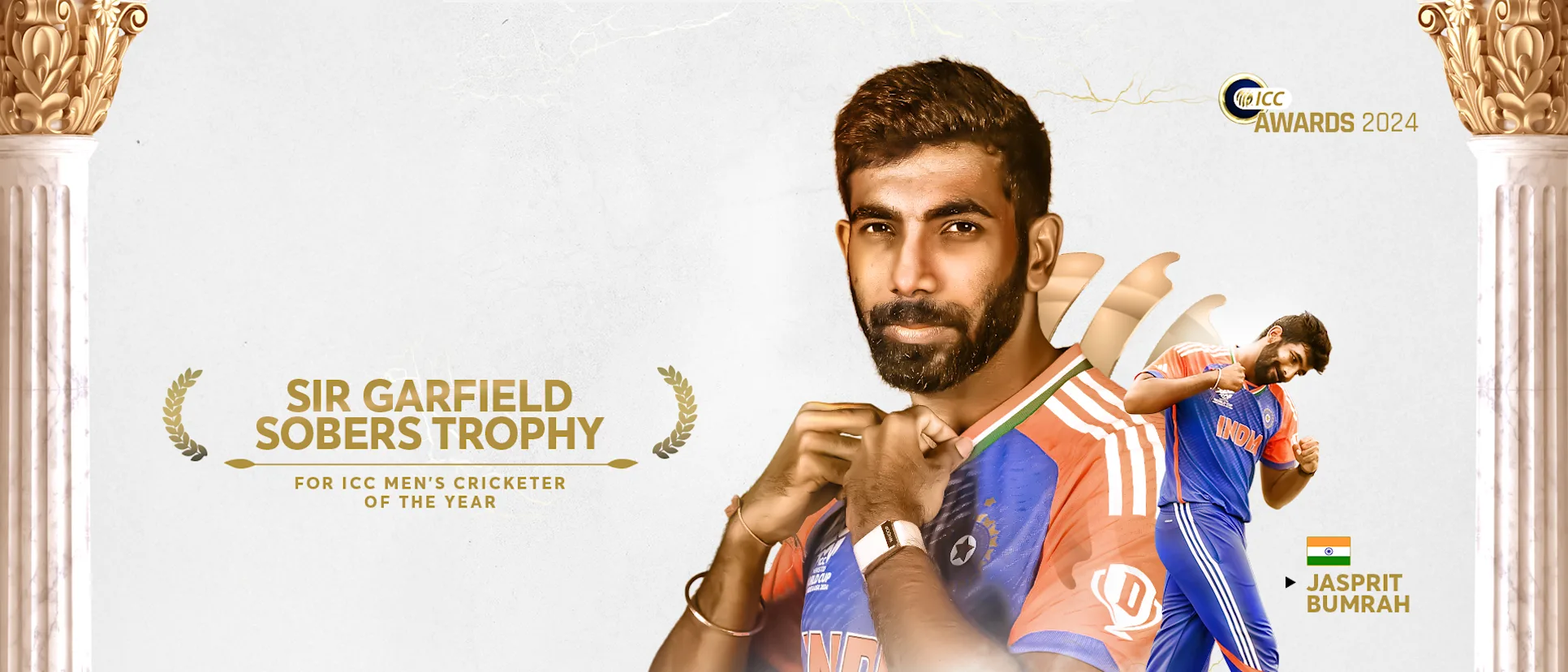 Logo of 16x9 Sir Garfield Sobers Trophy Winner - Jasprit Bumrah - White (1)