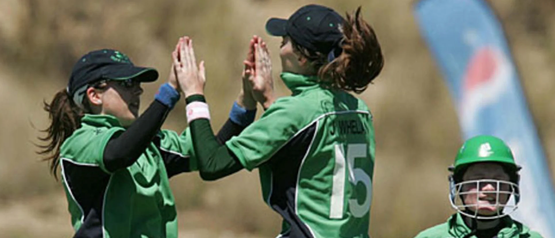Logo of Jill Whelan and Cecelia Joyce celebrate the wicket of Kari Anderson at the 2008 Qualifier