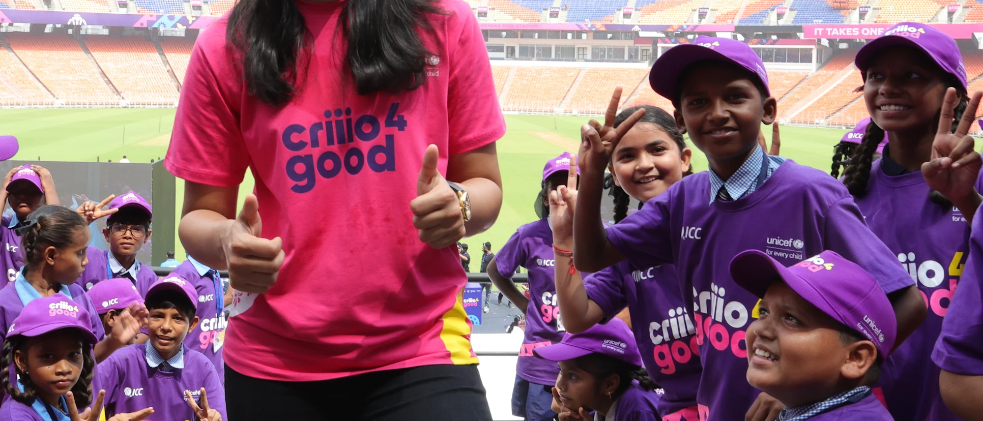 Logo of India vice-captain Smriti Mandhana teaches the first Criiio 4 Good learning modules to 1000 children at Narendra Modi Stadium.