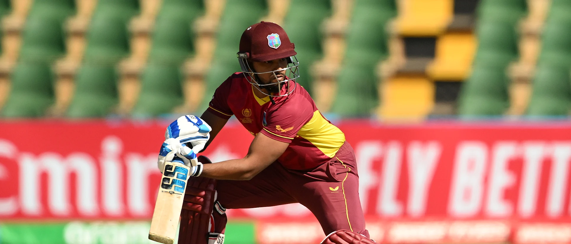 Logo of Nicholas Pooran of West Indies plays a shot during the ICC Men's Cricket World Cup Qualifier Zimbabwe 2023 match between the West Indies and Nepal (3)