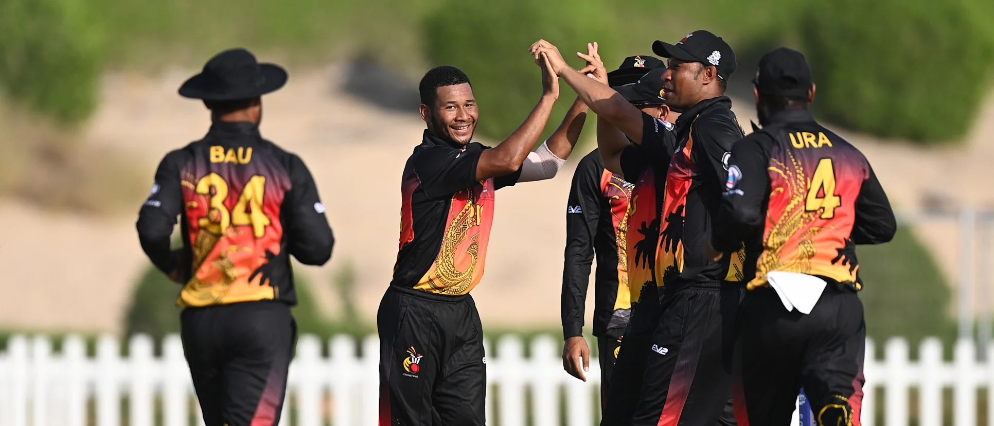 Logo of Papua New Guinea celebrate a wicket against Ireland.