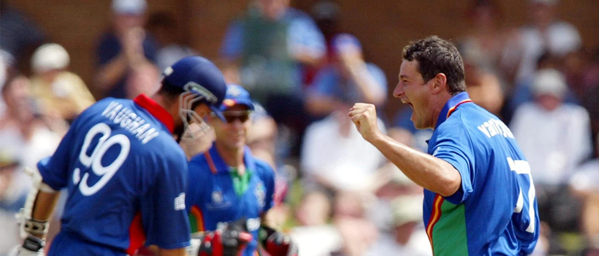 Rudie van Vuuren taking the wicket of Michael Vaughan on the way to a five wicket haul at CWC 2003