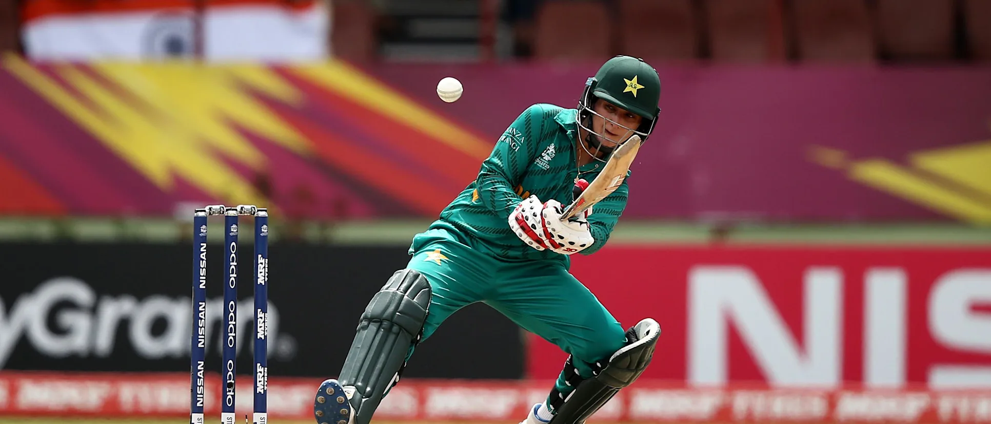 Logo of Bismah Mahroof of Pakistan bats during the ICC Women's World T20 2018 match between India and Pakistan at Guyana National Stadium on November 11, 2018 in Providence, Guyana.