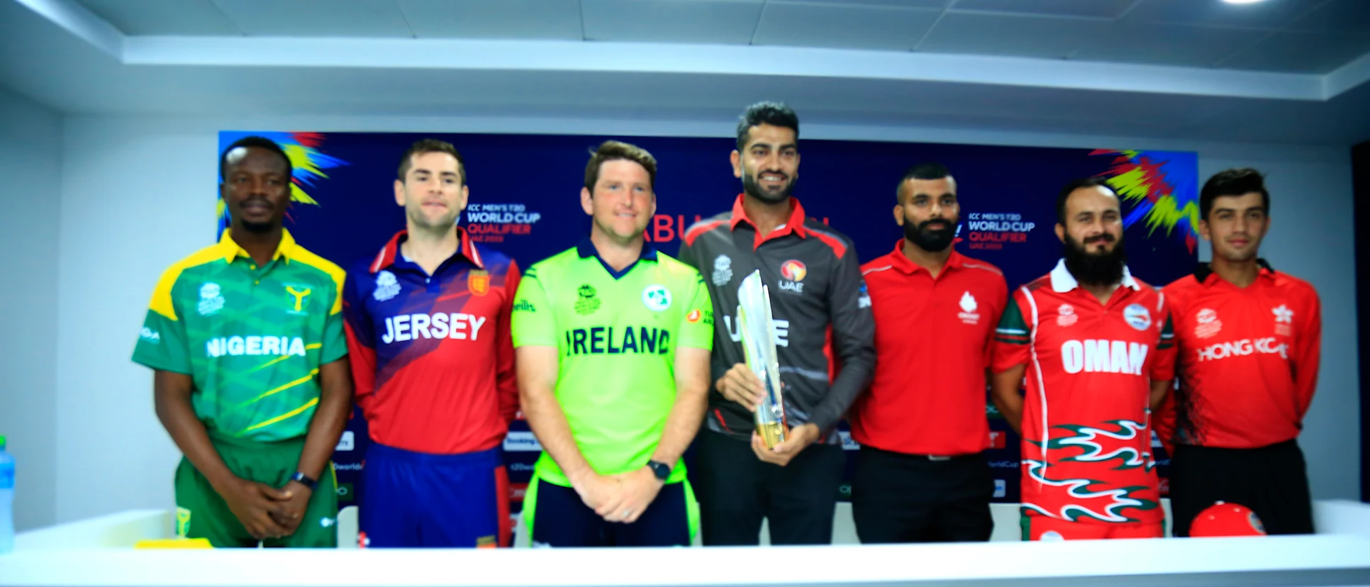 Logo of ICC Men’s T20 World Cup Qualifier Trophy Press Conference, Abu Dhabi - 13th October 2019.