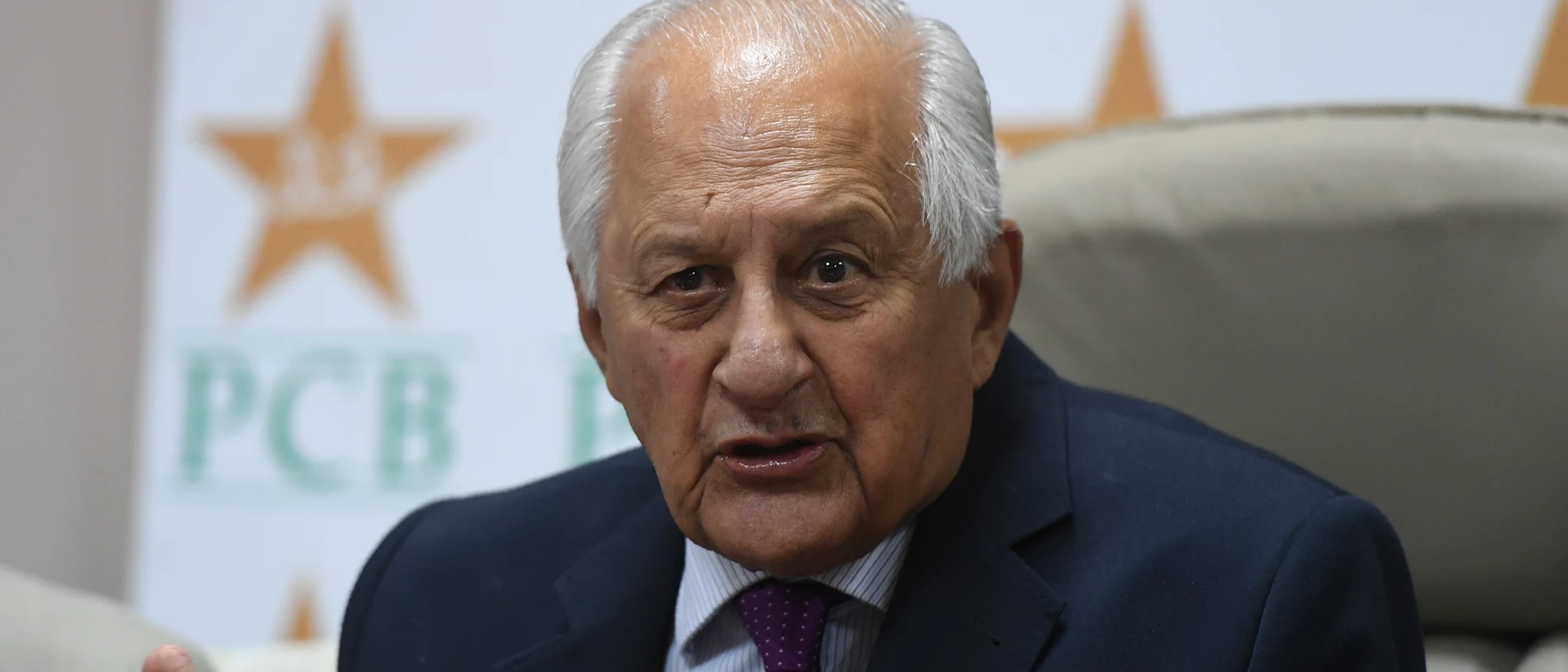 Logo of Pakistan Cricket Board (PCB) chairman Shaharyar Khan addresses a press conference in Karachi on May 10, 2017.
