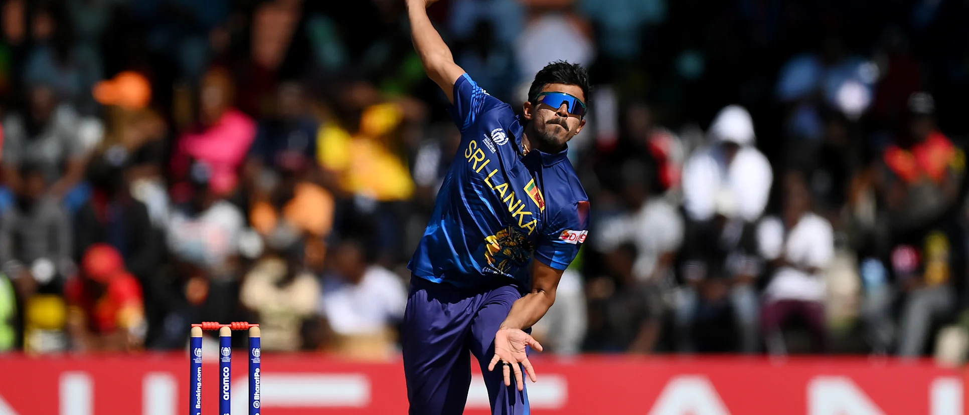 Logo of Mahesh Theekshana of Sri Lanka bowls during the ICC Men´s Cricket World Cup Qualifier Zimbabwe 2023 Final between Sri Lanka and Netherlands at Harare Sports Club on July 09, 2023 in Harare, Zimbabwe.
