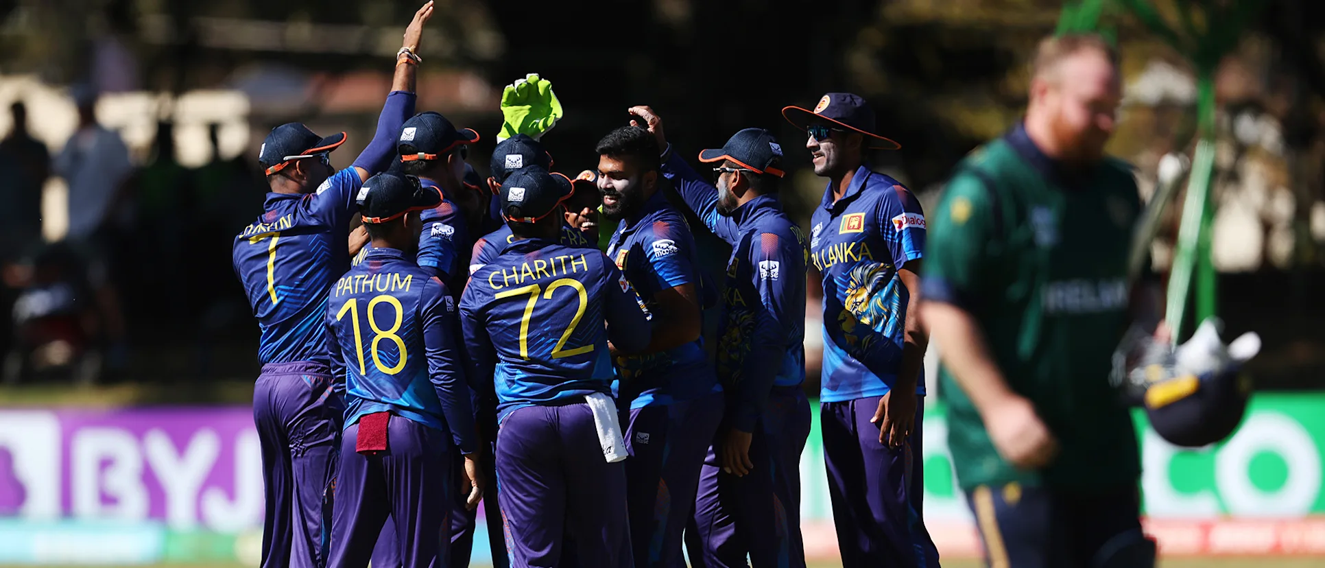 Logo of Lahiru Kumara of Sri Lanka celebrates dismissing Paul Stirling of Ireland during the ICC Men's Cricket World Cup Qualifier Sri Lanka and Ireland
