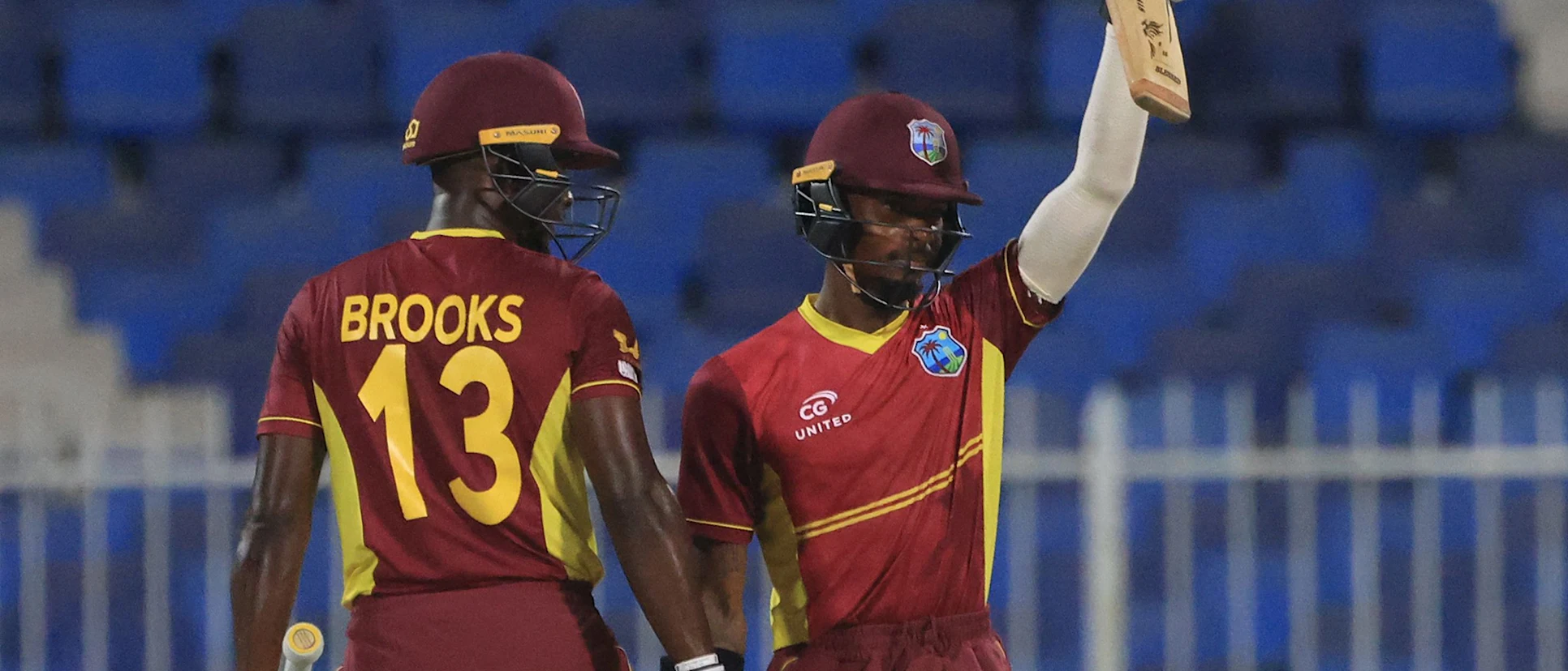 Logo of West Indies' Alick Athanaze (R) celebrates after scoring a half-century (50 runs) during the third one-day international (ODI) cricket match between the United Arab Emirates and West Indies 1920x1080