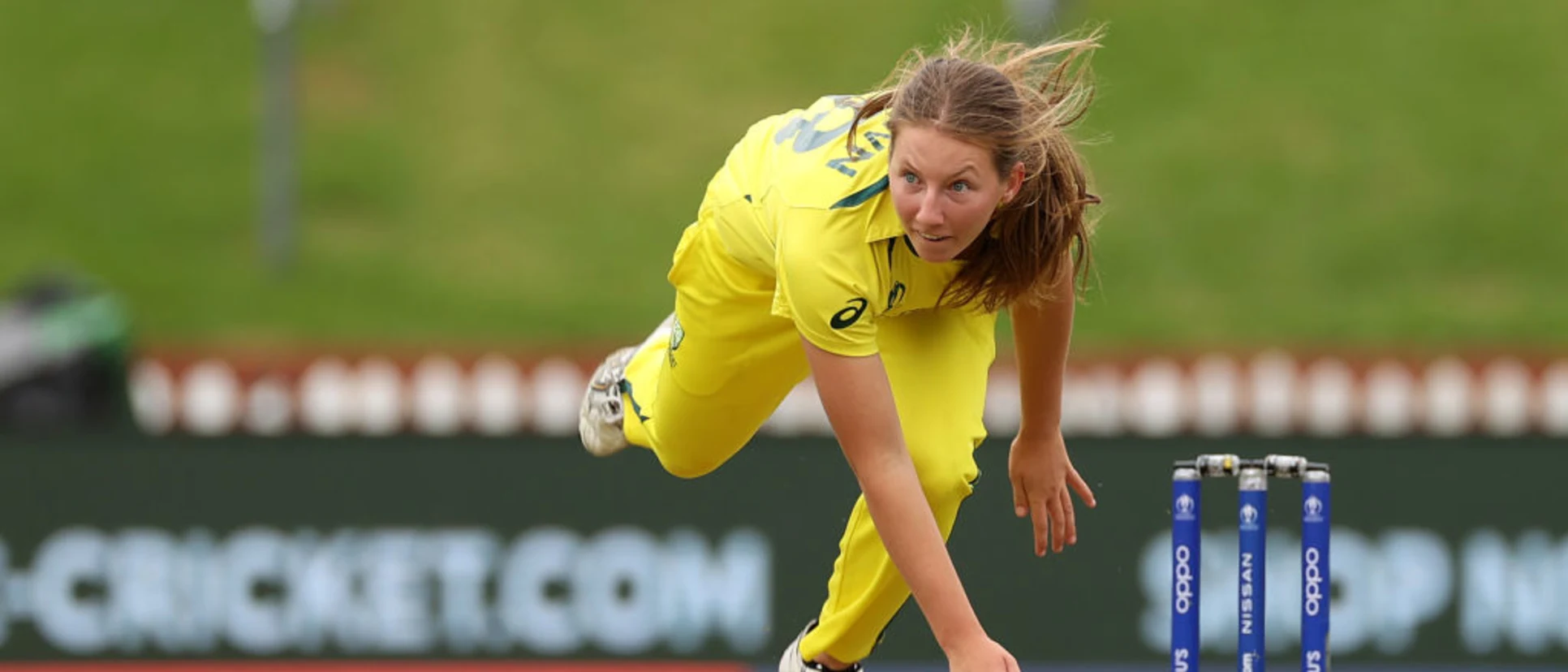 Logo of Darcie Brown of Australia bowls during the 2022 ICC Women's Cricket World Cup match between Bangladesh and Australia at Basin Reserve on March 25, 2022 in Wellington, New Zealand.