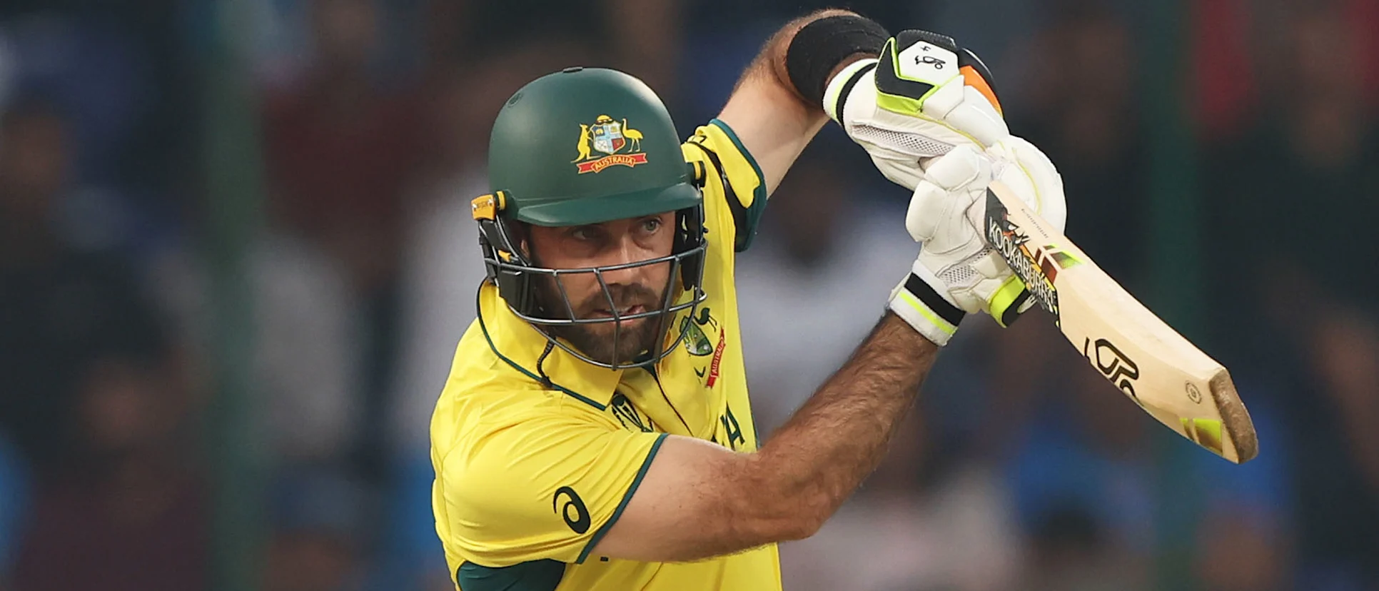 Logo of Glenn Maxwell of Australia plays a shot during the ICC Men's Cricket World Cup India 2023 between Australia and Netherlands
