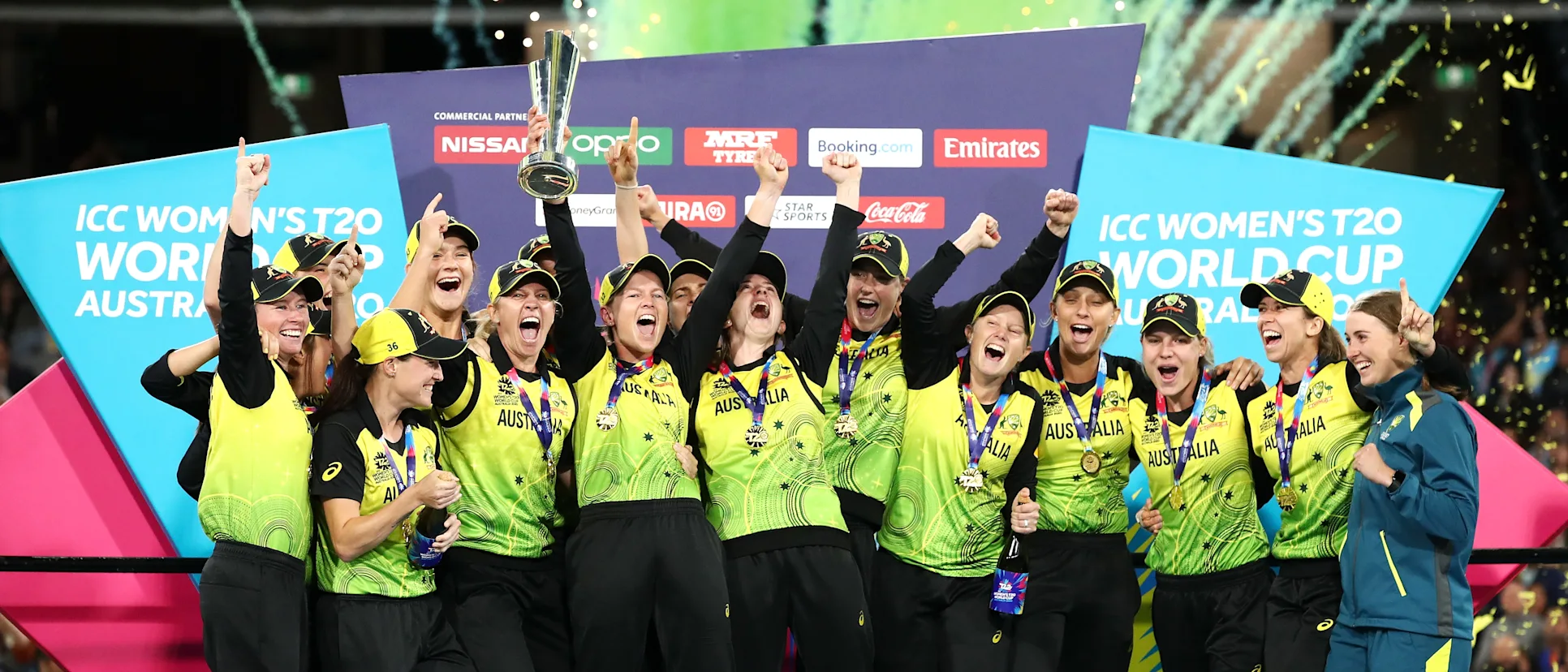 Meg Lanning of Australia and team mates celebrate with the ICC T20 Trophy after winning the ICC Women's T20 Cricket World Cup Final match between India and Australia at the Melbourne Cricket Ground on March 08, 2020 in Melbourne, Australia.