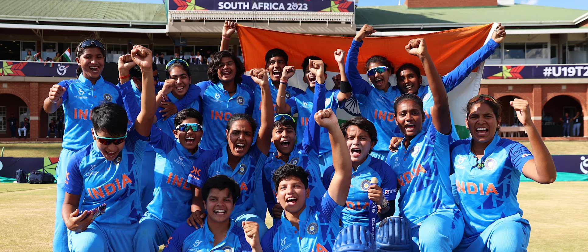 Logo of Players of India celebrate after winning the ICC Women's U19 T20 World Cup following the ICC Women's U19 T20 World Cup 2023 Final match between India and England at JB Marks Oval on January 29, 2023 in Potchefstroom, South Africa.