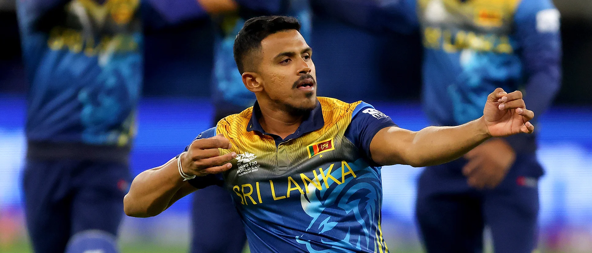 Logo of Maheesh Theekshana of Sri Lanka celebrates his wicket during the ICC Men's T20 World Cup match between Australia and Sri Lanka (2)