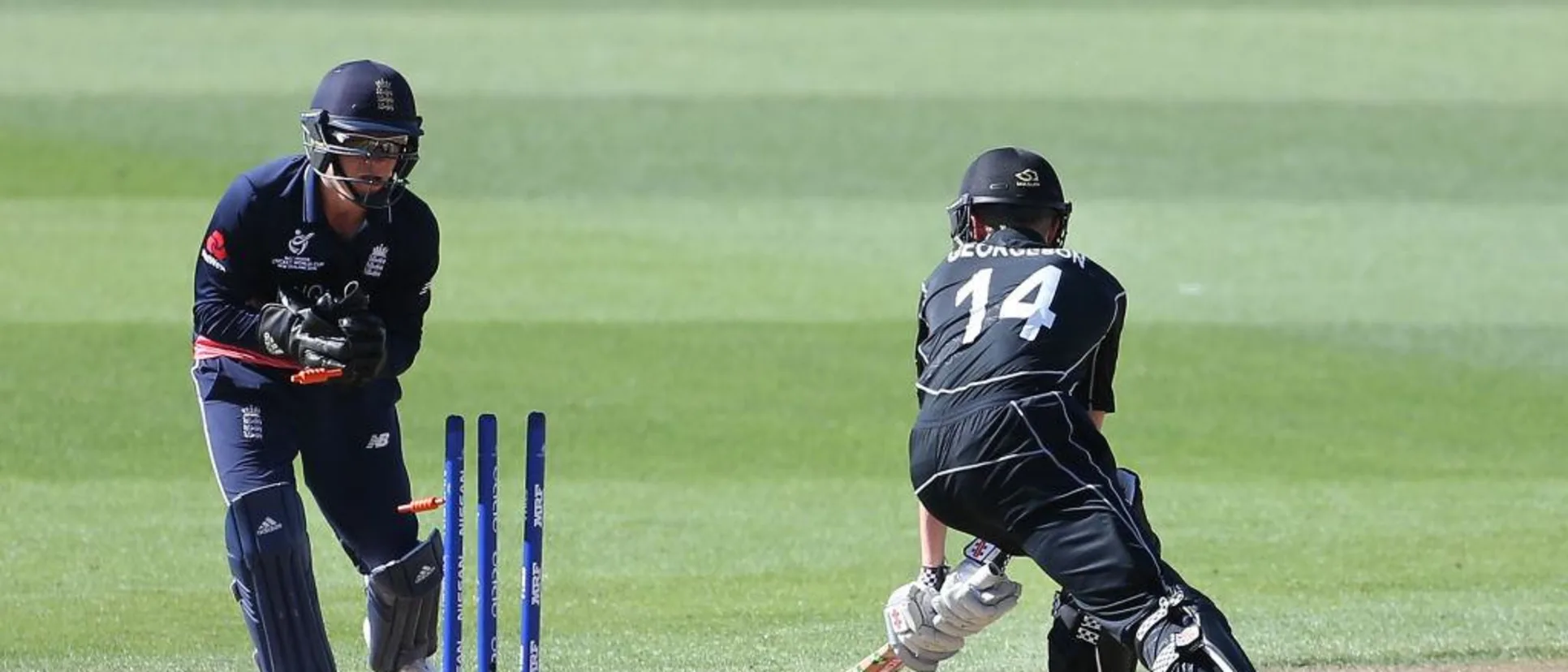 Logo of Luke Georgeson of New Zealand is run out during the ICC U19 Cricket World Cup .jpg