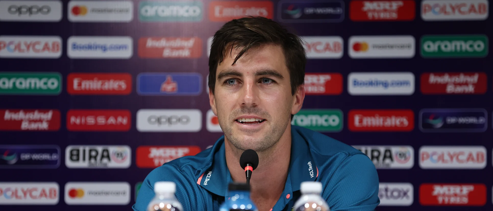 Logo of Pat Cummins, Captain of Australia pictured during a press conference ahead of the ICC Men's Cricket World Cup India 2023 India & Australia Net Sessions at on October 07, 2023 in Chennai, India.