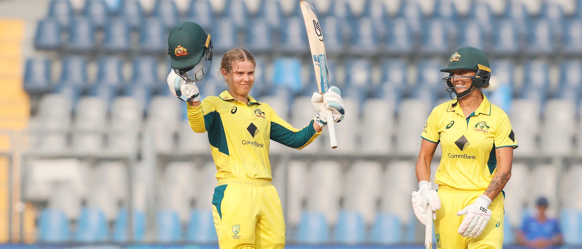 Logo of Phoebe Litchfield after scoring her second ODI hundred at the Wankhede