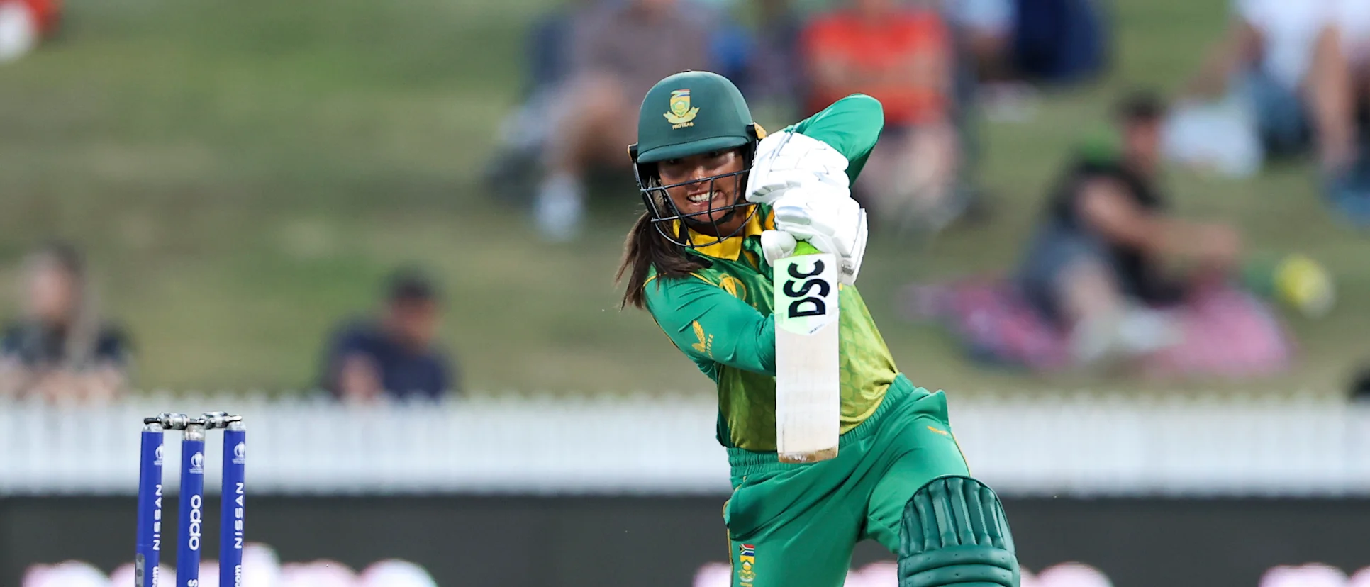 Sune Luus of South Africa bats during the 2022 ICC Women's Cricket World Cup match between New Zealand and South Africa at Seddon Park on March 17, 2022 in Hamilton, New Zealand.