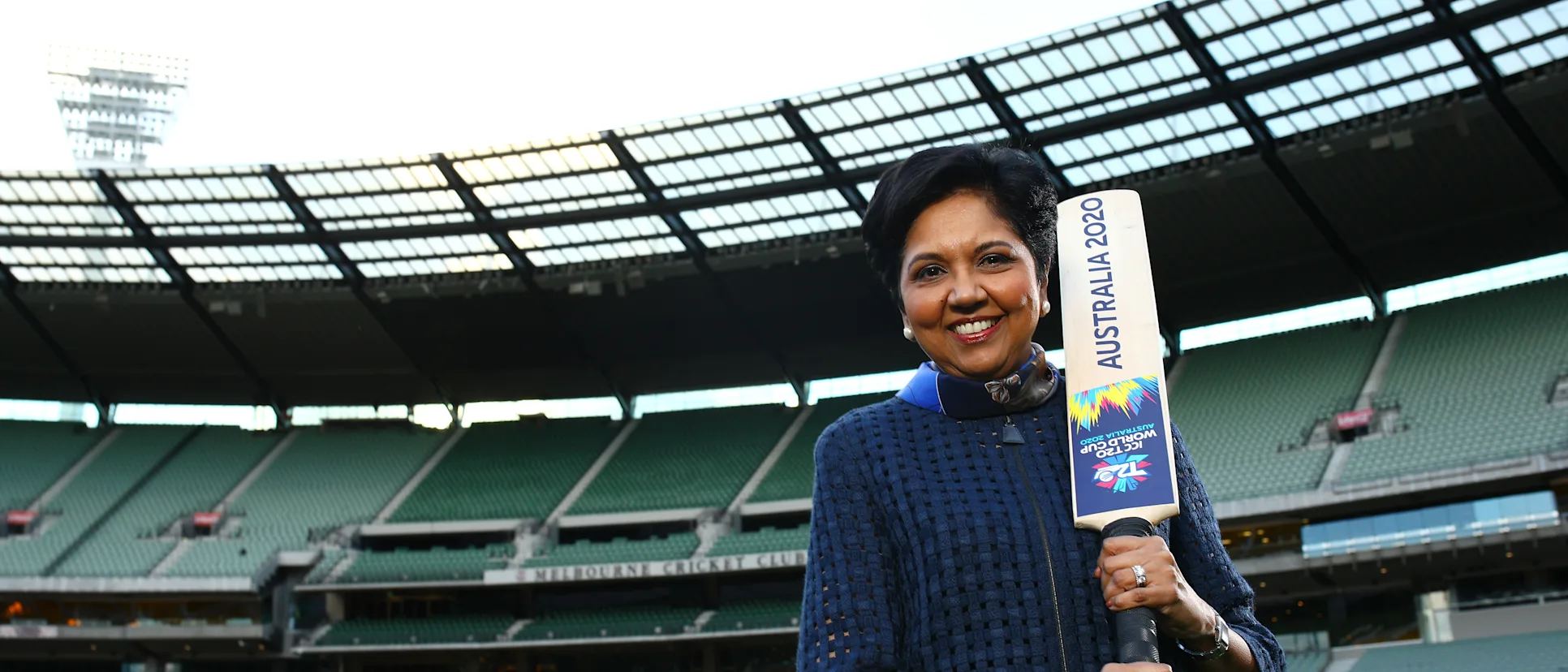 Logo of Indra Nooyi poses at the MCG