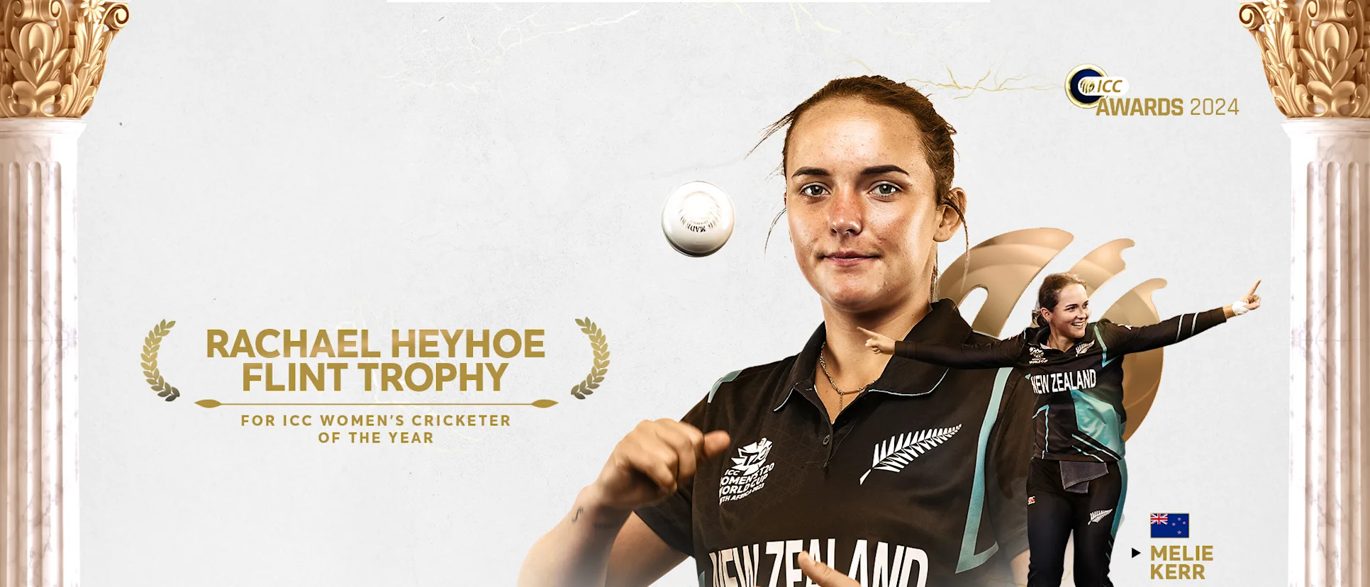 Logo of 16x9 Rachael Heyhoe Flint Award Winner - Melie Kerr - White