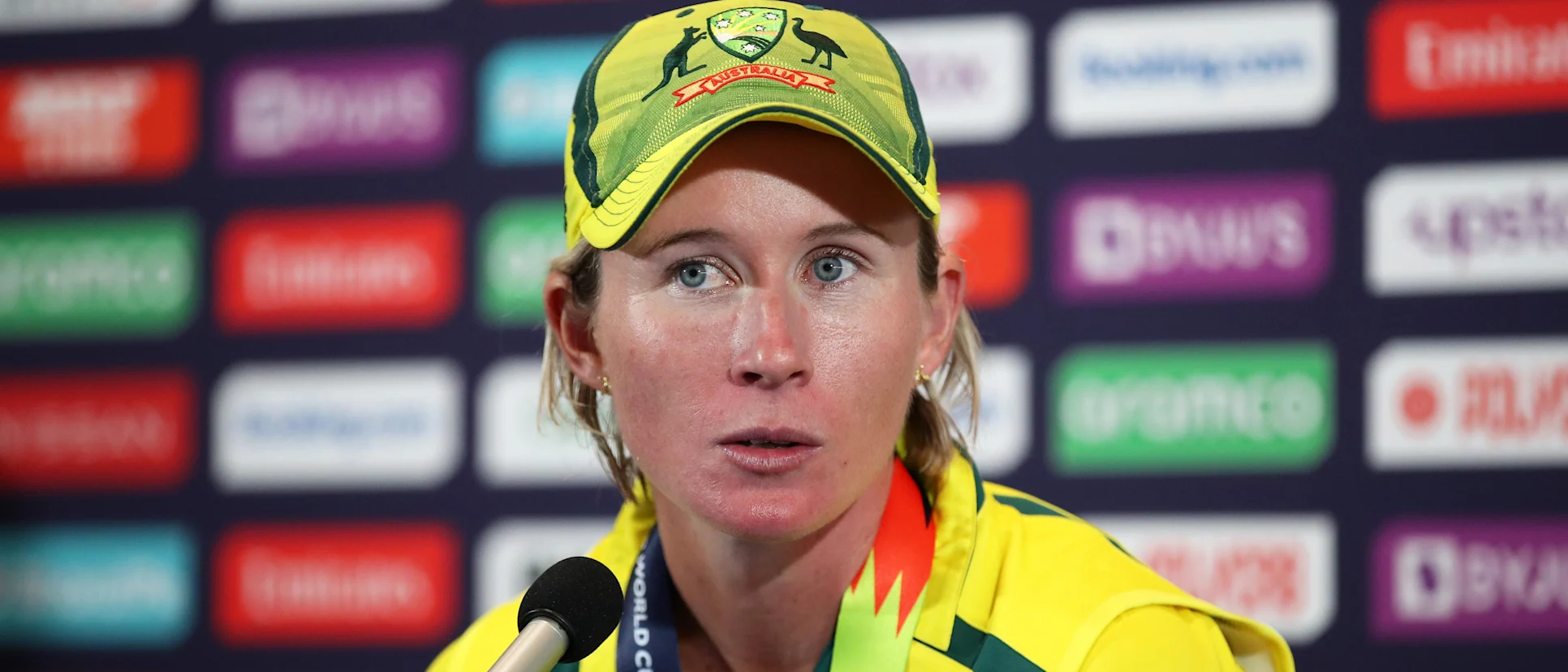 Logo of Beth Mooney of Australia looks on as they are interviewed following the ICC Women's T20 World Cup Final match between Australia and South Africa at Newlands Stadium on February 26, 2023 in Cape Town, South Africa.