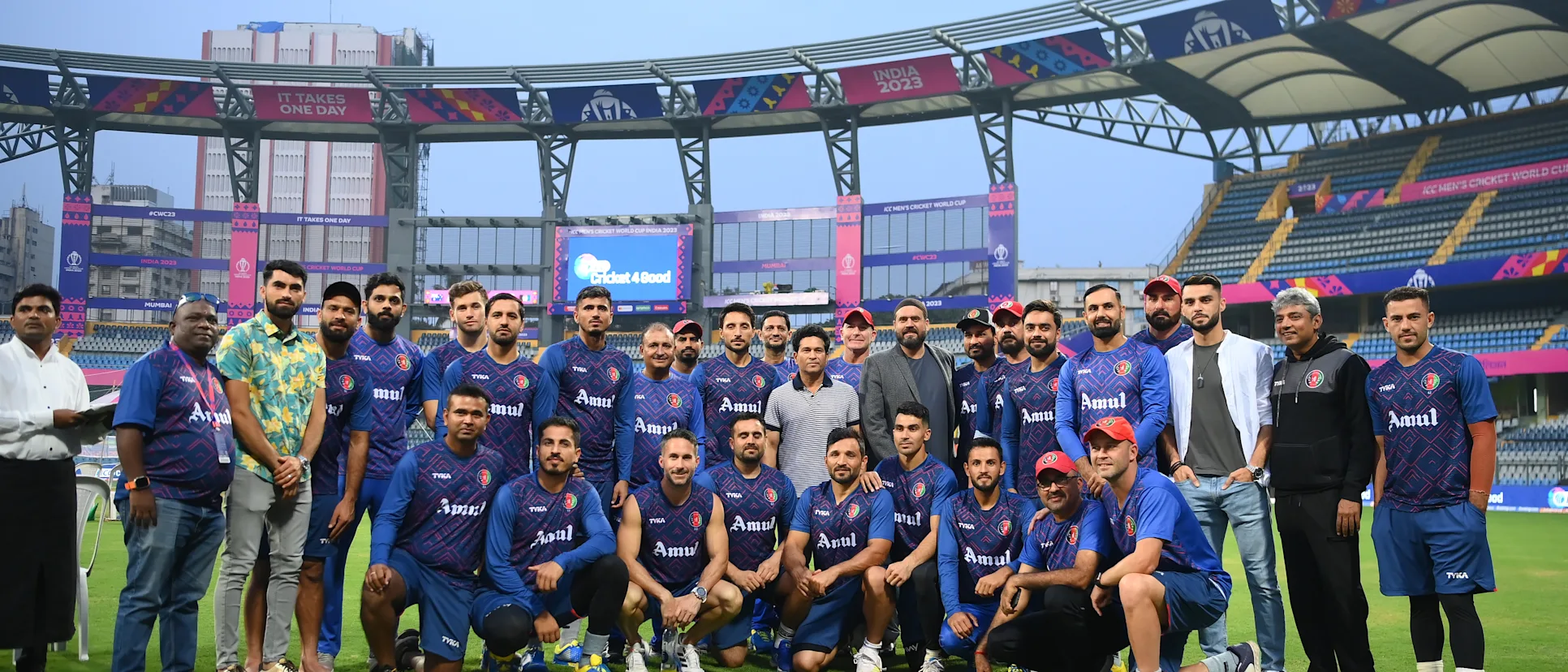 Logo of Sachin Tendulkar with the Afghanistan team ahead of the clash against Australia