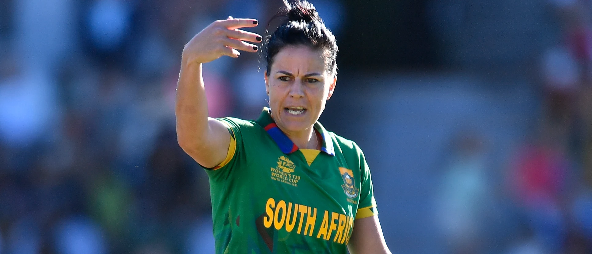 Marizanne Kapp of South Africa reacts during the ICC Women's T20 World Cup Semi Final match between England and South Africa at Newlands Stadium on February 24, 2023 in Cape Town, South Africa.