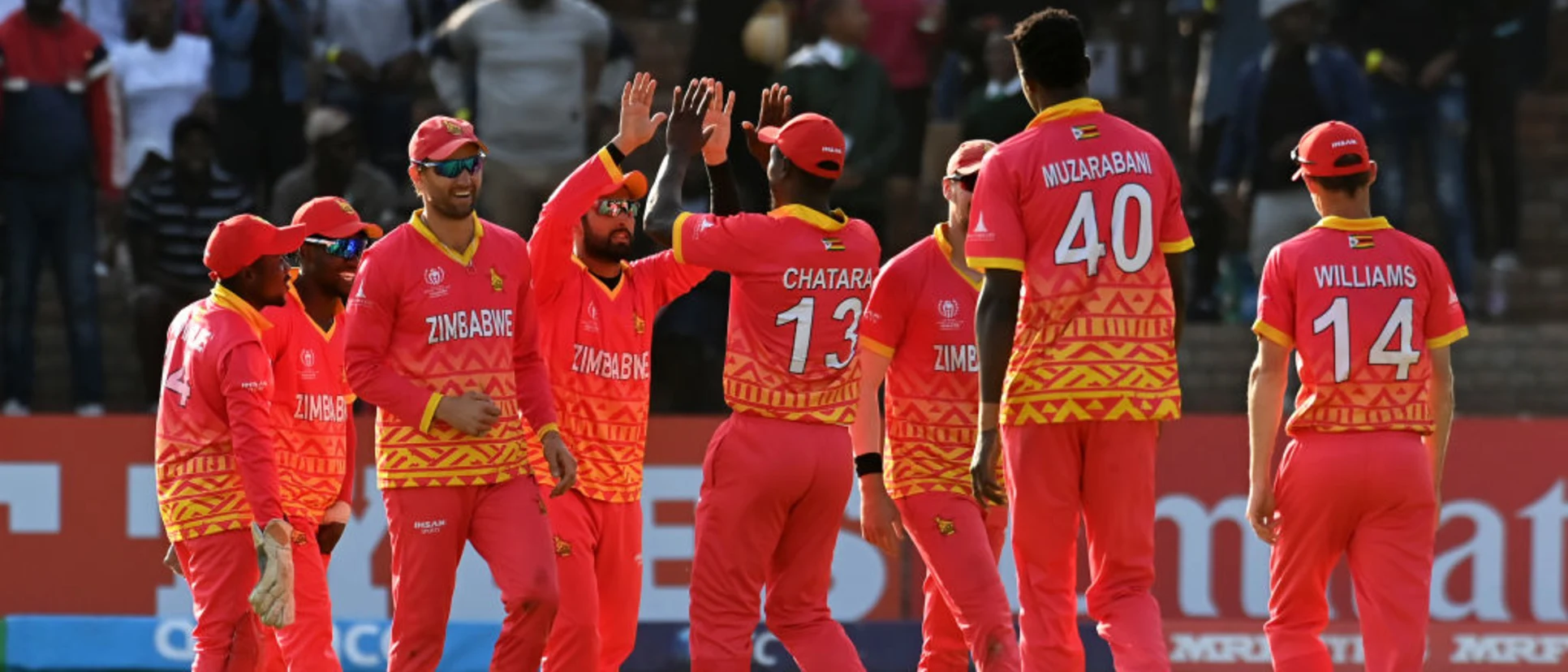 Logo of Sikandar Raza of Zimbabwe celebrates the wicket of Kashyap Prajapati of Oman during the ICC Men's Cricket World Cup Qualifier Zimbabwe 2023 Super 6 match between Zimbabwe and Oman at Queen’s Sports Club on June 29, 2023 in Bulawayo, Zimbabwe.