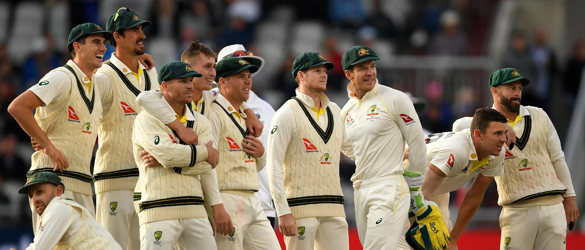 Logo of Australia look on in nervous anticipation after Craig Overton calls for a review at Old Trafford