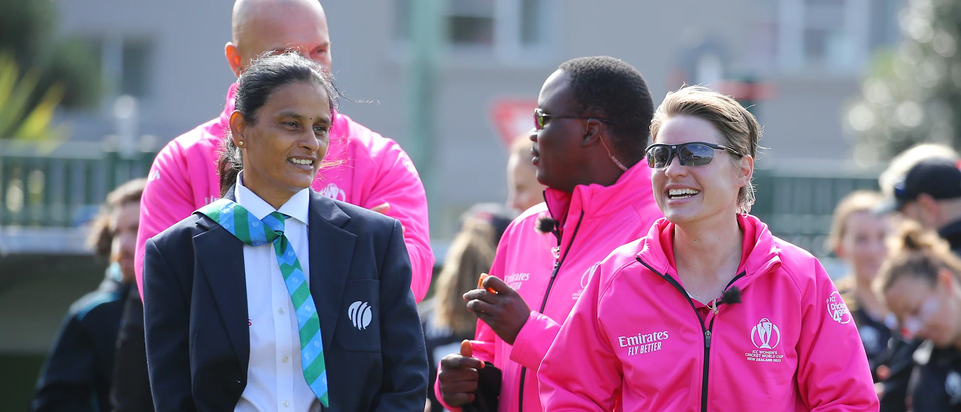 Logo of Match referee GS Lakshmi (L) and Umpire Lauren Agenbag are seen prior to the 2022 ICC Women's Cricket World Cup match between New Zealand and Australia at Basin Reserve on March 13, 2022 in Wellington, New Zealand.