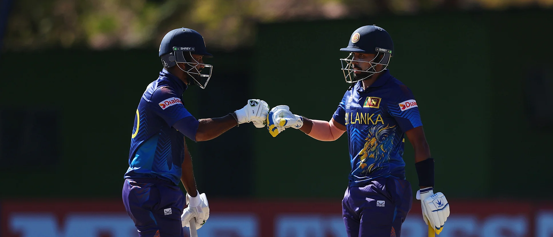 Logo of Dimuth Karunarathana and Sadeera Samarawickrama of Sri Lanka fist bump during the ICC Men's Cricket World Cup Qualifier Zimbabwe 2023 match between the Sri Lanka and Ireland