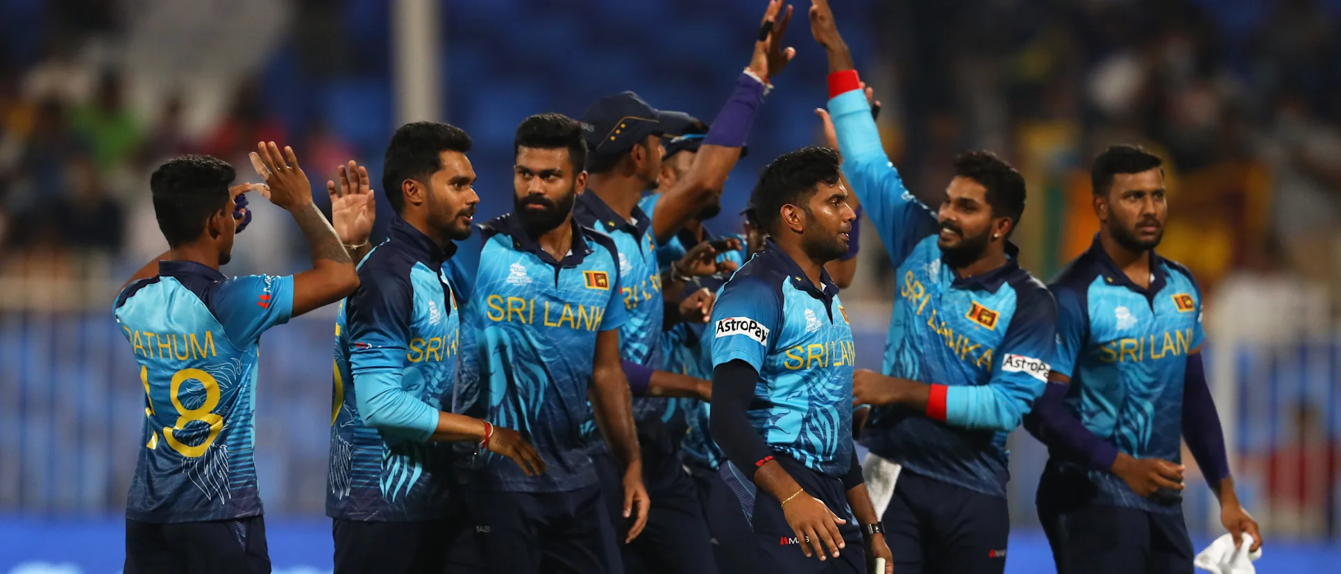 Logo of Lahiru Kumara of Sri Lanka celebrates the wicket of Paul van Meekeren of Netherlands during the ICC Men's T20 World Cup match between Sri Lanka and Netherlands at Sharjah Cricket Stadium on October 22, 2021 in Sharjah, United Arab Emirates.