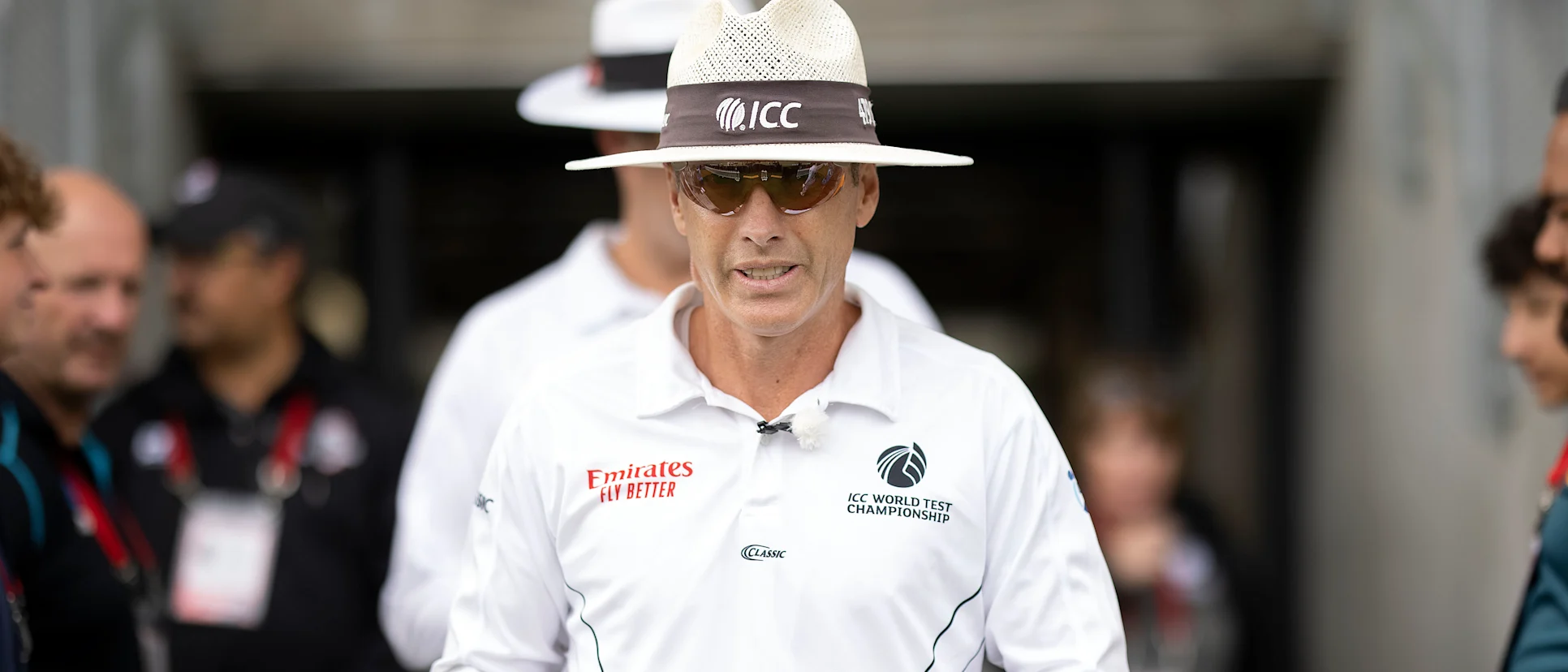 Logo of Chris Gaffaney followed by Chris Brown walk to the field at the start of the days play during day 4 of the 2nd international cricket Test match between New Zealand and Pakistan at Hagley Oval in Christchurch on January 6, 2021.